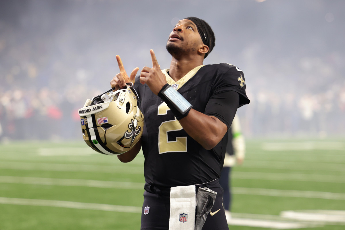 Dec 17, 2023; New Orleans, Louisiana, USA; New Orleans Saints quarterback Jameis Winston (2) gestures before the game against the New York Giants at Caesars Superdome. 
